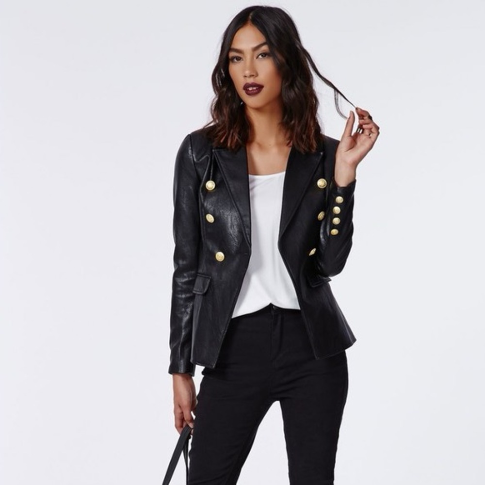 Faux Leather Blazer with Gold Buttons